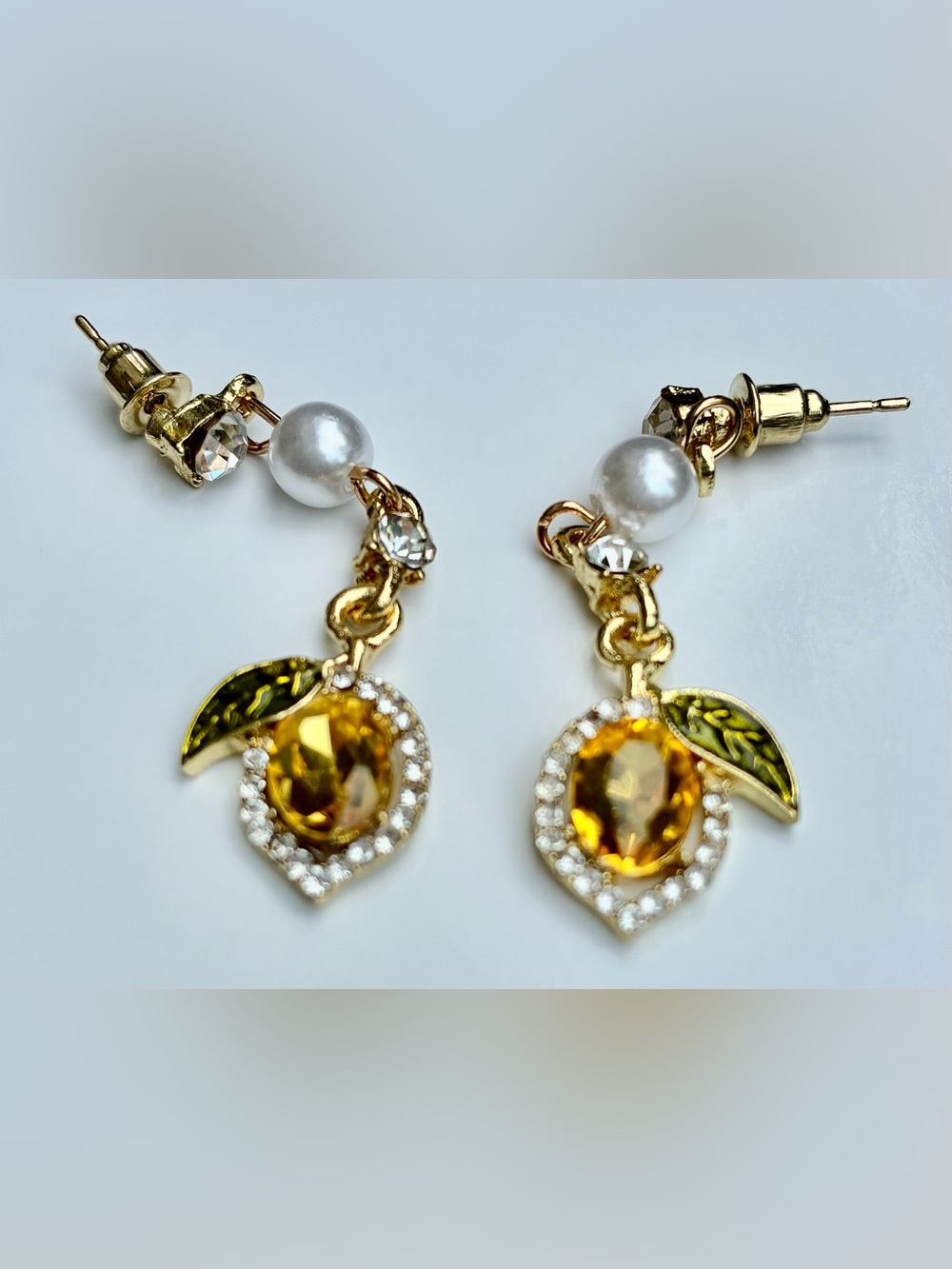 🍋 Gold-Tone Faux Pearl CZ Lemon Drop Earrings